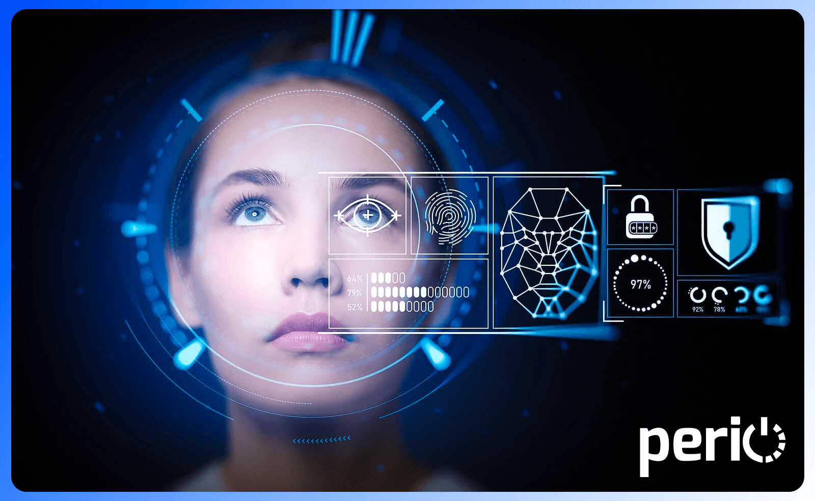 Dijital arayüz üzerinde yüz tanıma, iris tarama ve biyometrik veri güvenliğini temsil eden teknolojik sistem görseli.