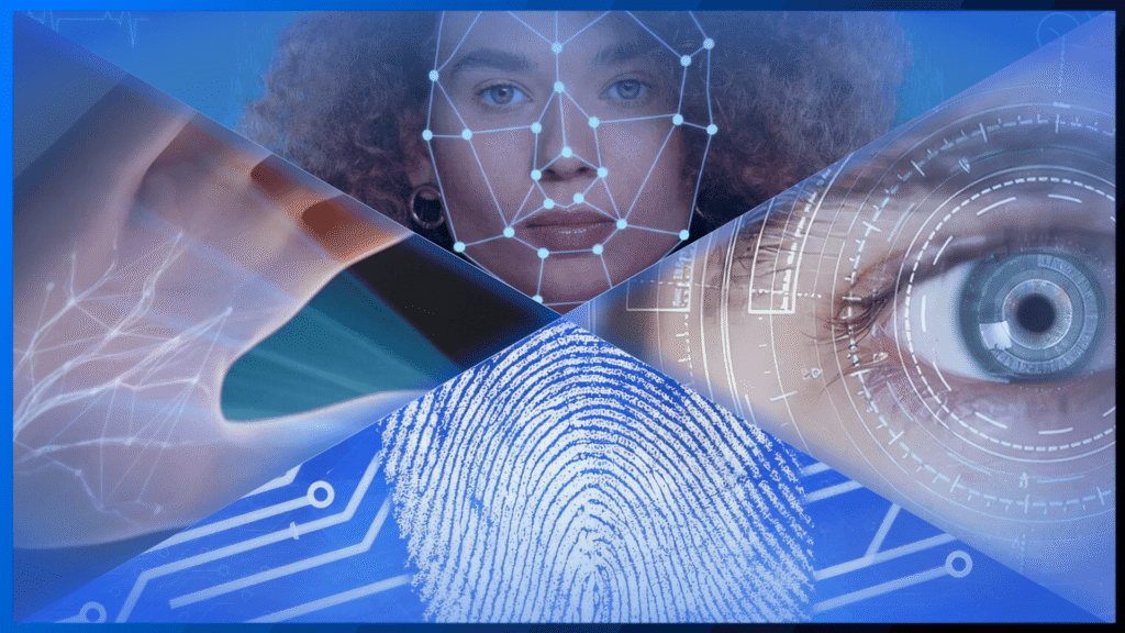 Yüz tanıma, parmak izi okuma, iris tarama ve avuç içi doğrulama gibi farklı biyometrik güvenlik yöntemlerini içeren teknolojik kolaj görseli.
